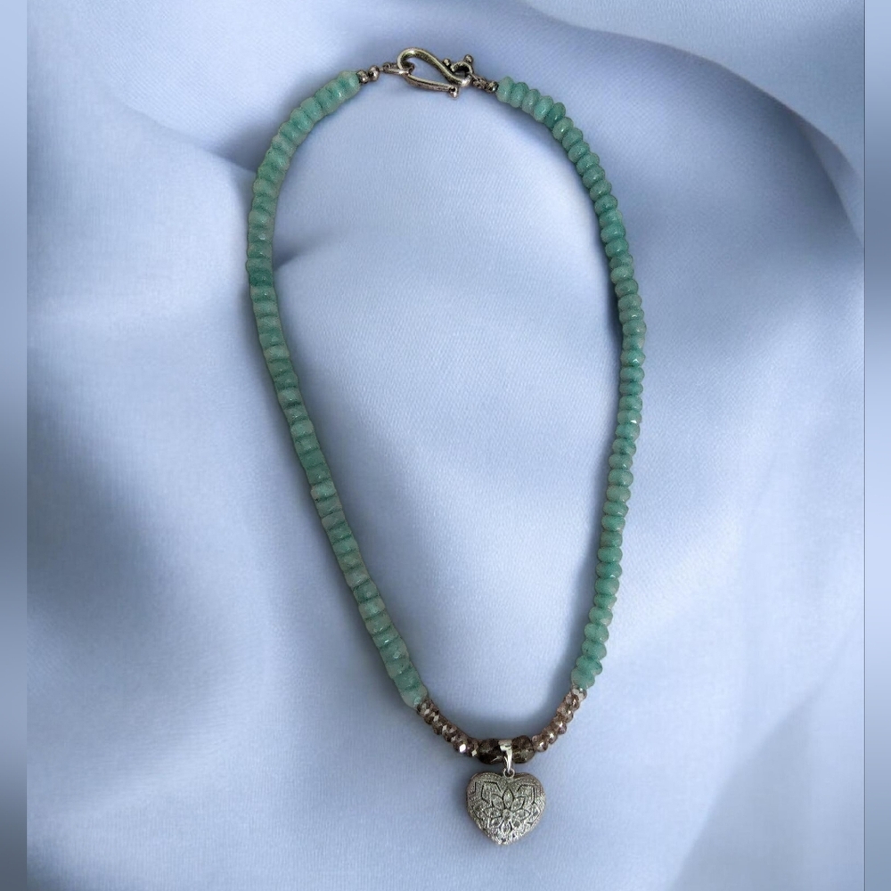 Amazonite Style Beaded Necklace w/ Sterling Silver 925 Marcasite Heart Locket
